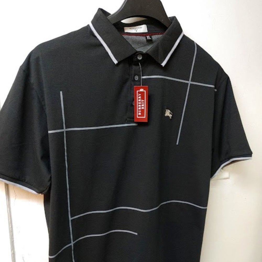 NWT Burberry Brit Polo shirt, XL Slim Fit, Black with Grey stripes and logo,